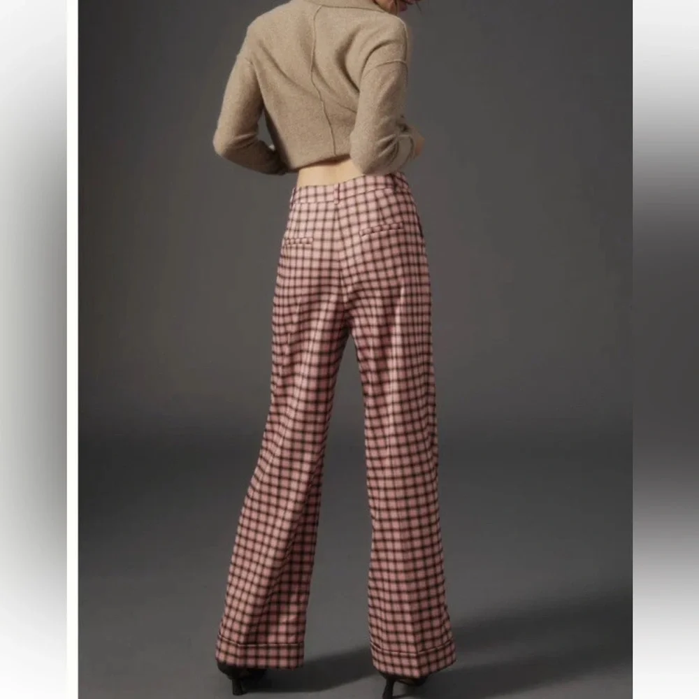 Anthropologie FRNCH Pink and Black Plaid Wide Leg Pants S
